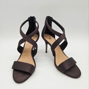 Vince Camuto Women's Size 7 Stiletto Zip Sandals Black Satin Ankle Strap